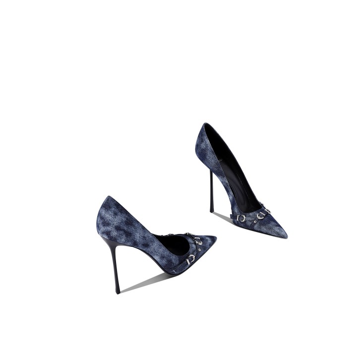 2026 Autumn New Retro Blue Pointed Metal Buckle Stiletto High Heels For Spicy Girls W
