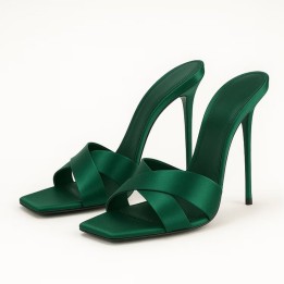 Summer New Silk Cross Fine Strap High Heel Drag Square Head Fine Heel Show White Banq