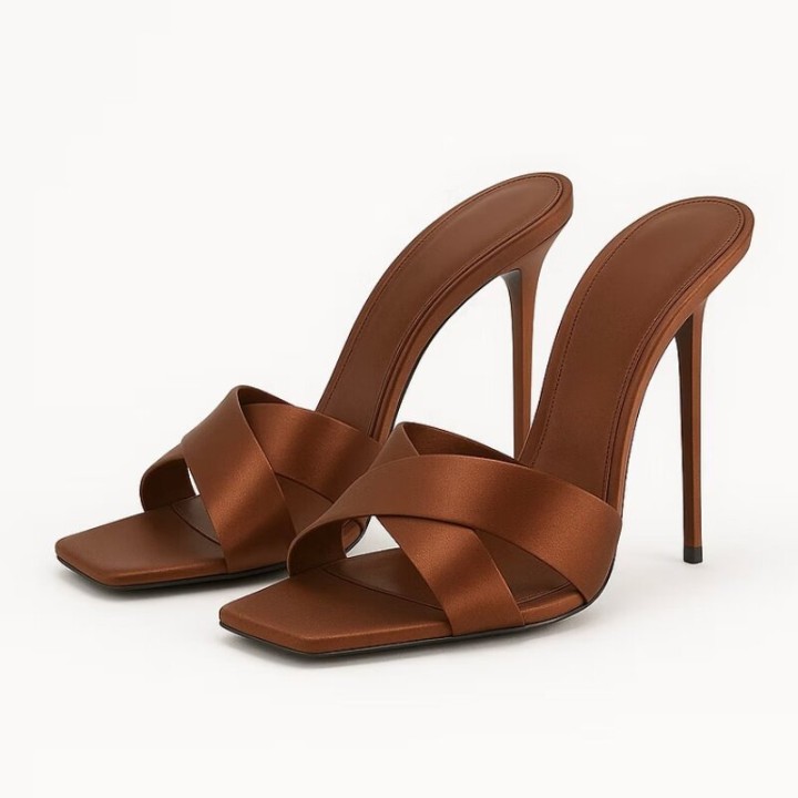 Summer New Silk Cross Fine Strap High Heel Drag Square Head Fine Heel Show White Banq