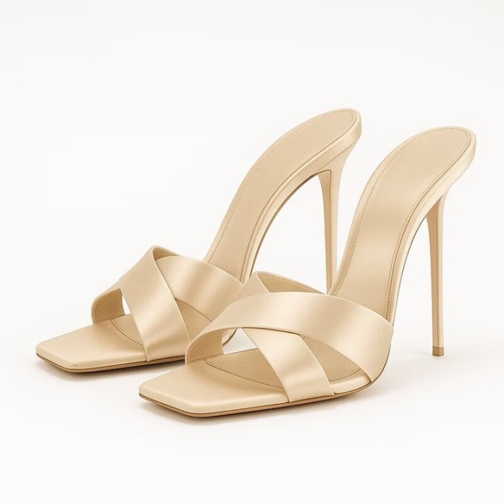 Summer New Silk Cross Fine Strap High Heel Drag Square Head Fine Heel Show White Banq