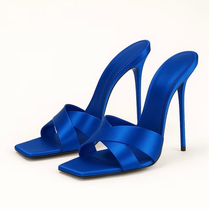 Summer New Silk Cross Fine Strap High Heel Drag Square Head Fine Heel Show White Banq