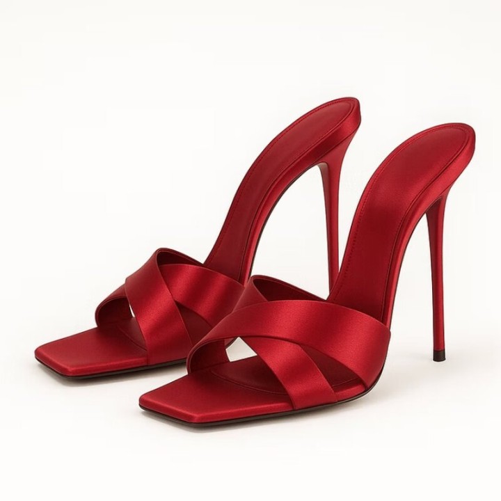 Summer New Silk Cross Fine Strap High Heel Drag Square Head Fine Heel Show White Banq