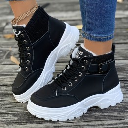Women Winter Fleece Lined High Top Sneaker Boots Lace Up Buckle Decor Platform Chunky