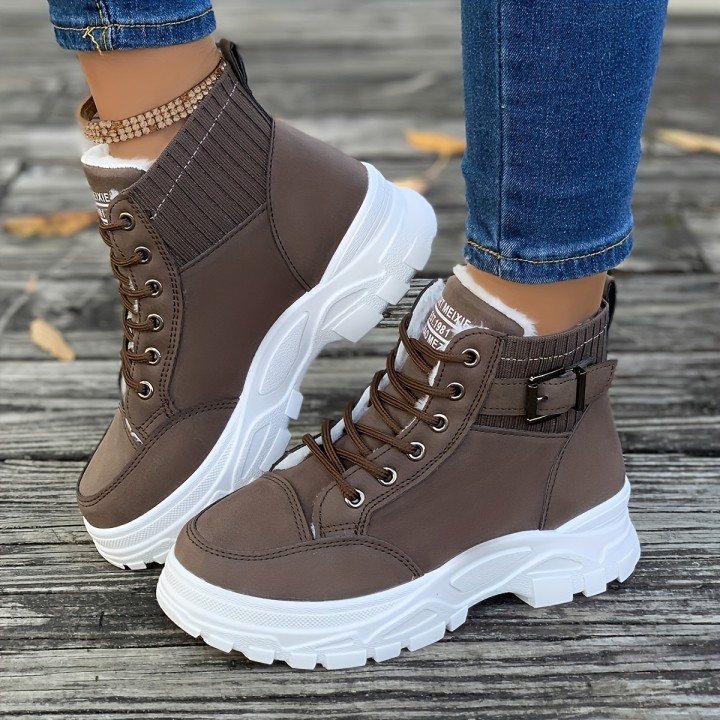 Women Winter Fleece Lined High Top Sneaker Boots Lace Up Buckle Decor Platform Chunky