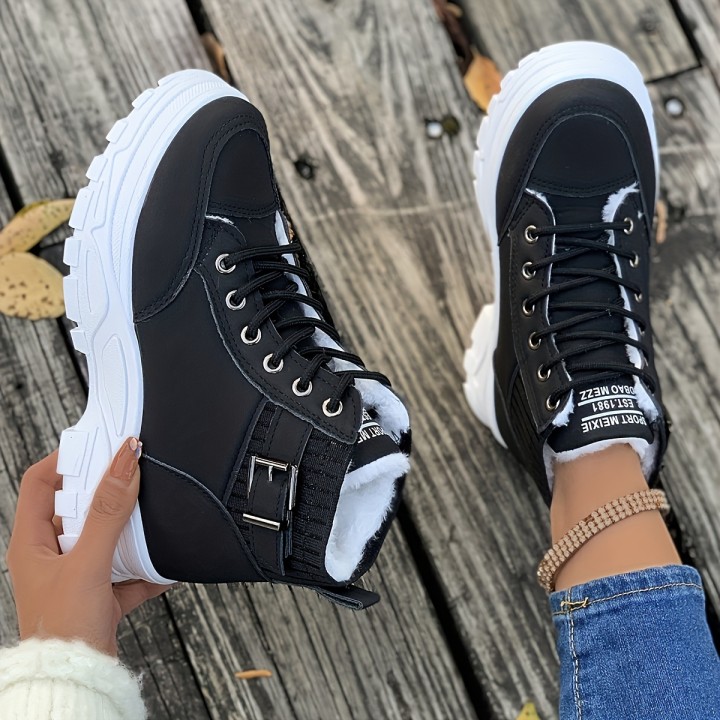 Women Winter Fleece Lined High Top Sneaker Boots Lace Up Buckle Decor Platform Chunky