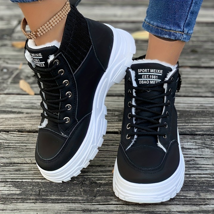 Women Winter Fleece Lined High Top Sneaker Boots Lace Up Buckle Decor Platform Chunky