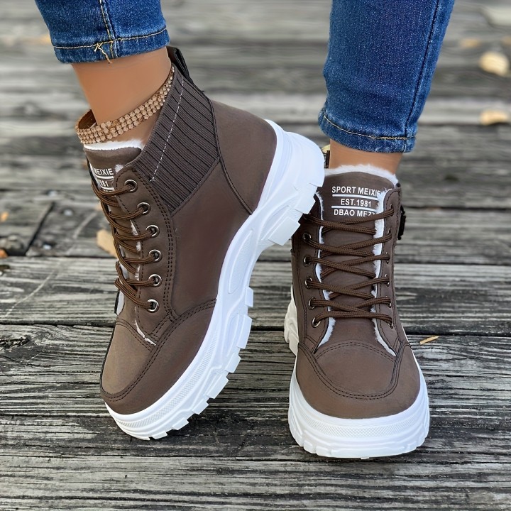 Women Winter Fleece Lined High Top Sneaker Boots Lace Up Buckle Decor Platform Chunky