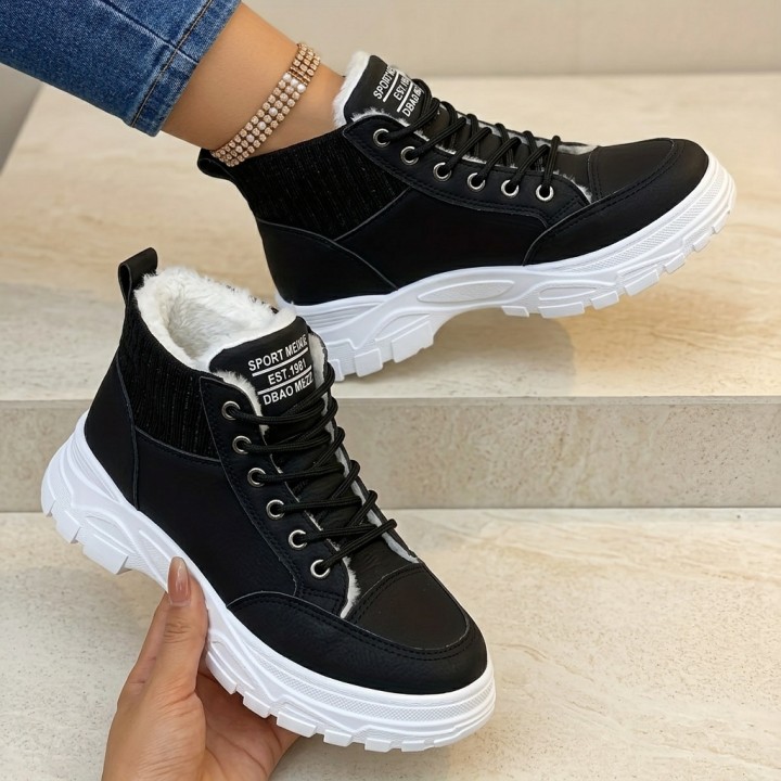 Women Winter Fleece Lined High Top Sneaker Boots Lace Up Buckle Decor Platform Chunky