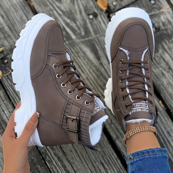Women Winter Fleece Lined High Top Sneaker Boots Lace Up Buckle Decor Platform Chunky