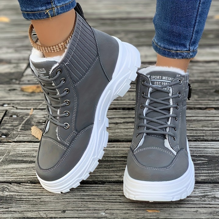 Women Winter Fleece Lined High Top Sneaker Boots Lace Up Buckle Decor Platform Chunky
