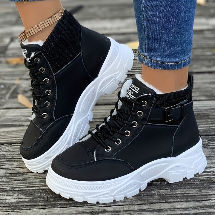 Women Winter Fleece Lined High Top Sneaker Boots Lace Up Buckle Decor Platform Chunky
