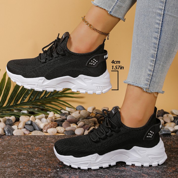 Womens Chunky Dad/mom Sneakers 4cm Heightening Knit Mesh Breathable Nonslip Lace Up 