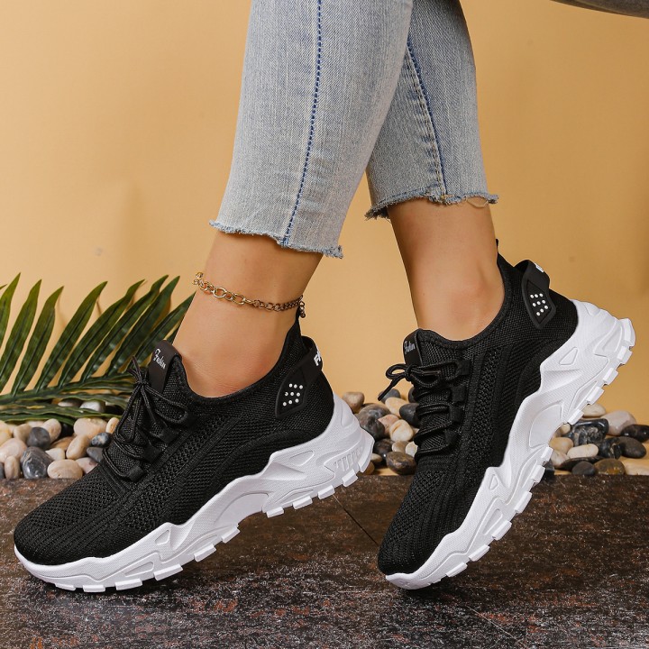Womens Chunky Dad/mom Sneakers 4cm Heightening Knit Mesh Breathable Nonslip Lace Up 
