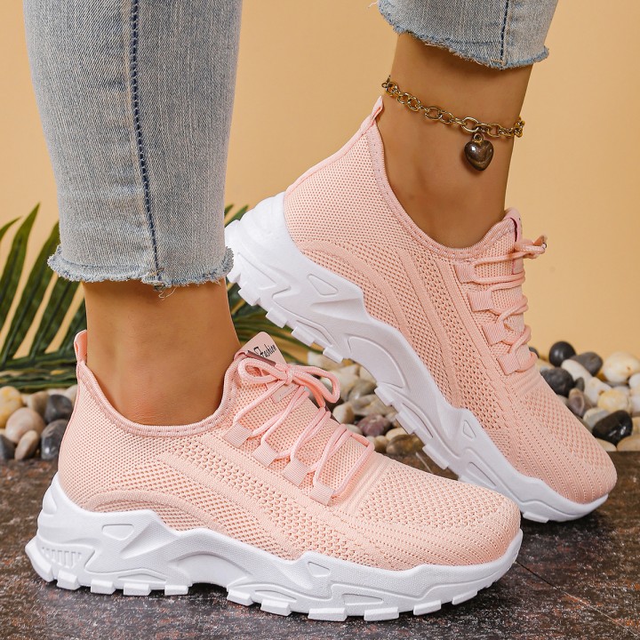 Womens Chunky Dad/mom Sneakers 4cm Heightening Knit Mesh Breathable Nonslip Lace Up 