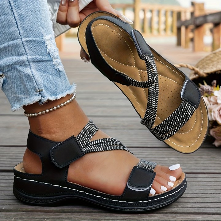 Womens Simple Solid Color Wedge Sandals, Casual Open Toed Retro Thick Soled Sandals,