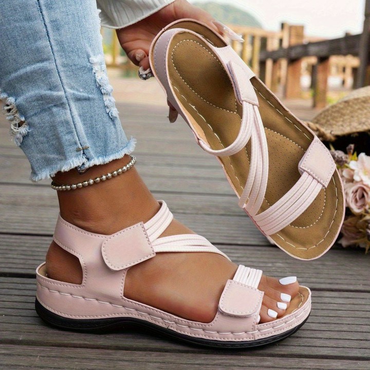 Womens Simple Solid Color Wedge Sandals, Casual Open Toed Retro Thick Soled Sandals,