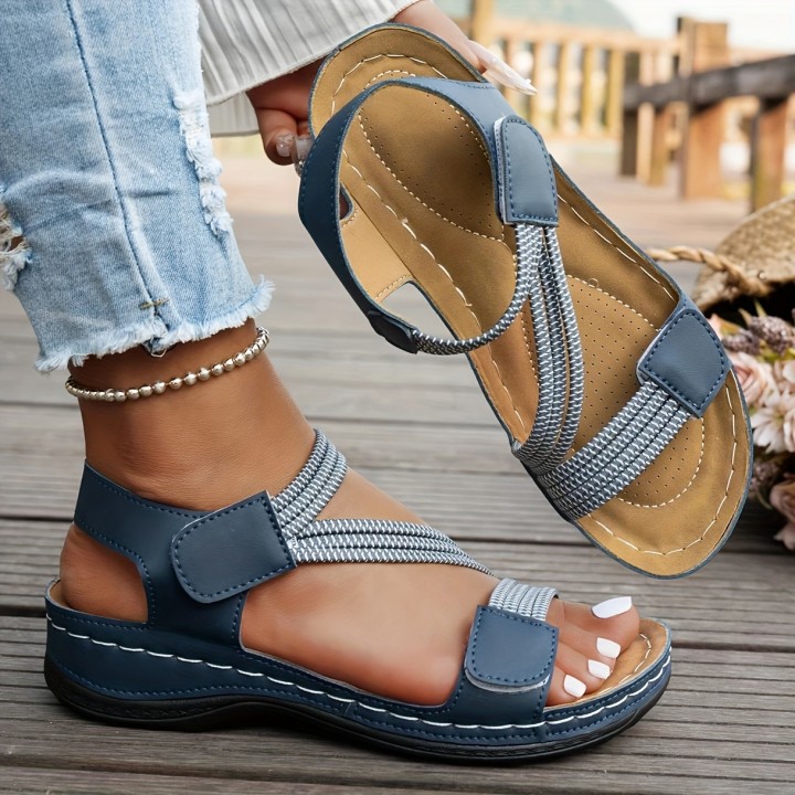 Womens Simple Solid Color Wedge Sandals, Casual Open Toed Retro Thick Soled Sandals,