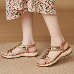 Womens Bohemian Ethnic Wedge Sandals Colorful Gemstone Decor Elastic Ankle Strap Comf