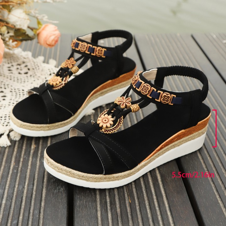 Bohemian Style Wedge Sandals For Woman Summer Fashion Black Round Head Flower Decorat