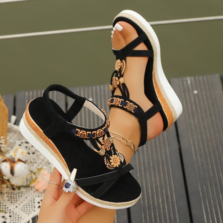 Bohemian Style Wedge Sandals For Woman Summer Fashion Black Round Head Flower Decorat