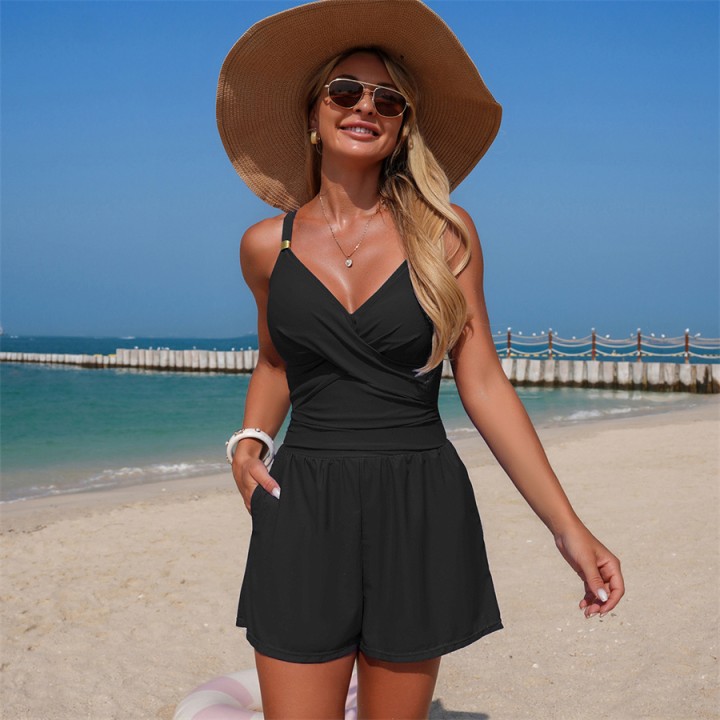 One Piece Swimsuit Women  Low Cut Cross Chest Padded Adjustable Strap Bathing Suit Wi