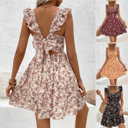 Floral Square Collar Dresses Women Fashion Short Dress Back Big Bowknot Female 2025 S