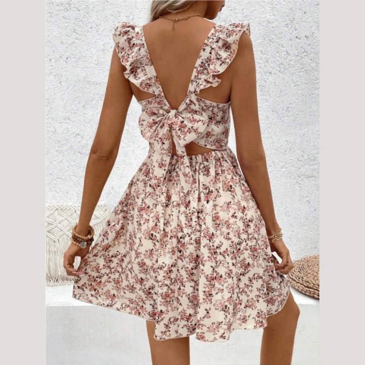 Floral Square Collar Dresses Women Fashion Short Dress Back Big Bowknot Female 2025 S