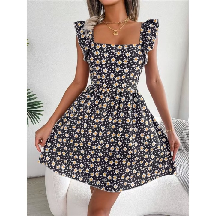 Floral Square Collar Dresses Women Fashion Short Dress Back Big Bowknot Female 2025 S