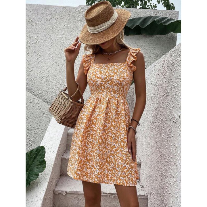 Floral Square Collar Dresses Women Fashion Short Dress Back Big Bowknot Female 2025 S