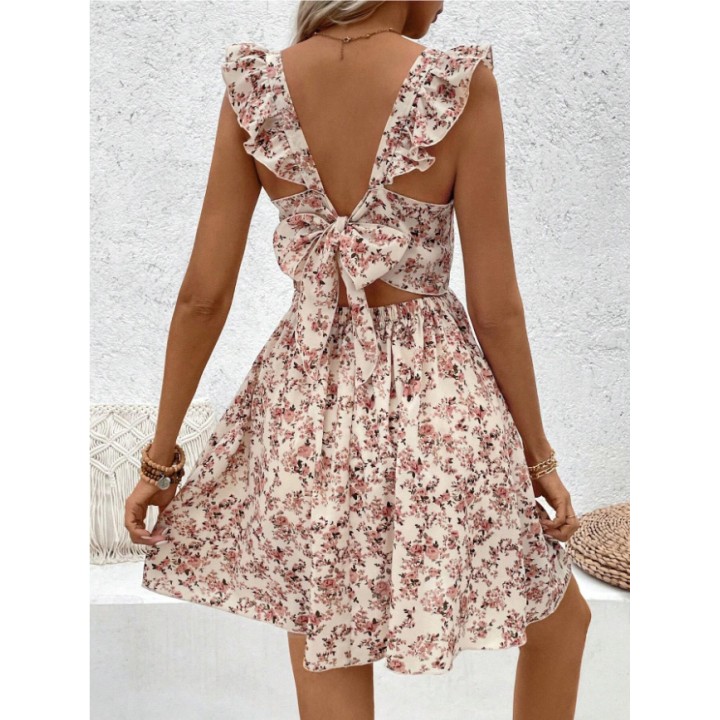 Floral Square Collar Dresses Women Fashion Short Dress Back Big Bowknot Female 2025 S
