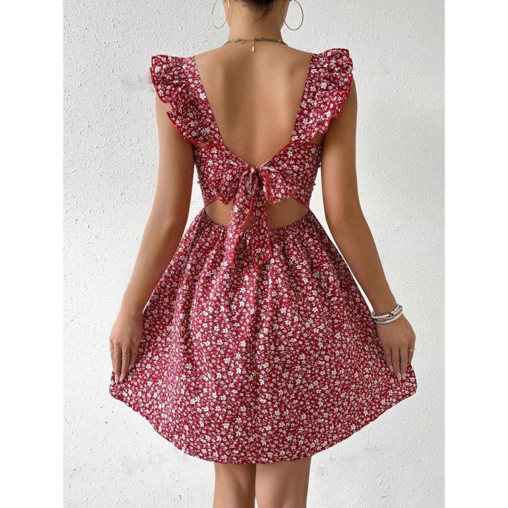 Floral Square Collar Dresses Women Fashion Short Dress Back Big Bowknot Female 2025 S