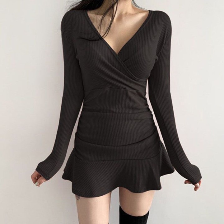 2025 New V Neck Polyester Dress Woman Summer Fashion Long Sleeve Dress Womens Dress 
