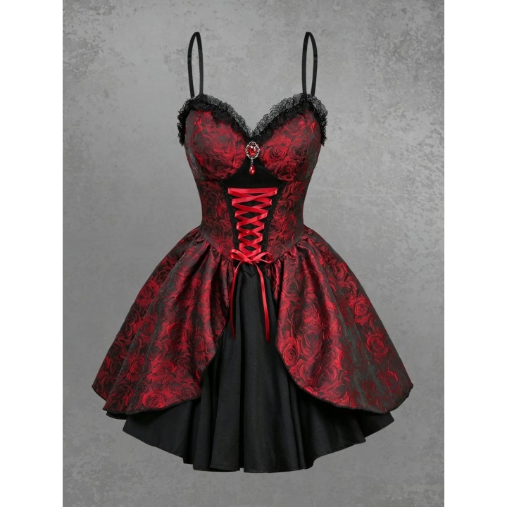 Gothic Red & Black Rose Embroidered Belted Halter Short Dress Lace Trim Sash Big Skir