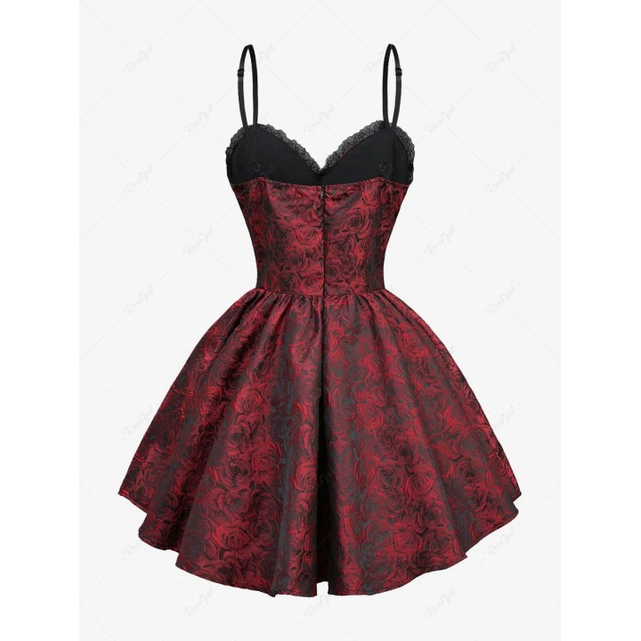 Gothic Red & Black Rose Embroidered Belted Halter Short Dress Lace Trim Sash Big Skir