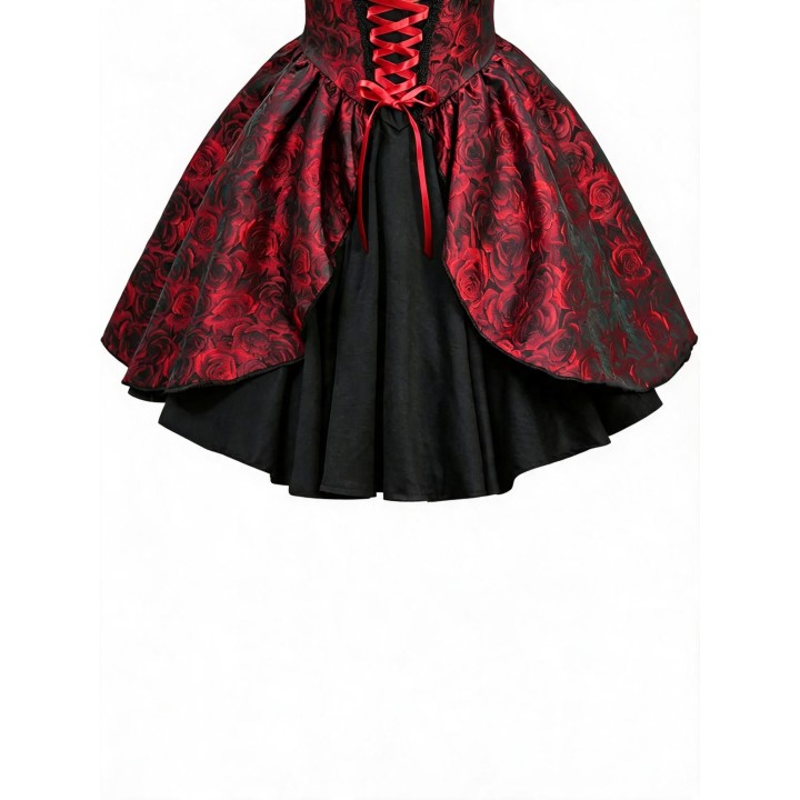 Gothic Red & Black Rose Embroidered Belted Halter Short Dress Lace Trim Sash Big Skir