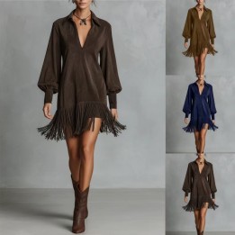 Fashion Retro Suede Tassel Mini Dress Lapel V Neck Long Sleeve Fringe Hem Dress Lante