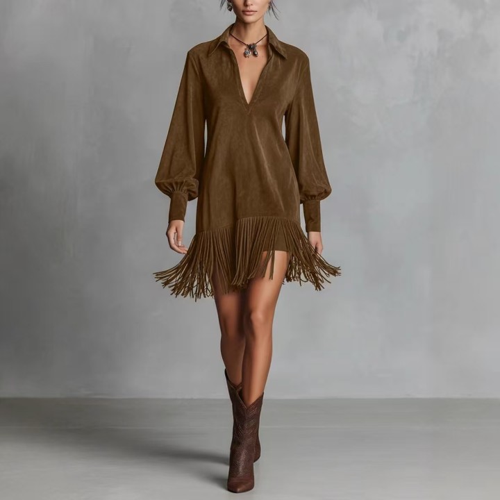 Fashion Retro Suede Tassel Mini Dress Lapel V Neck Long Sleeve Fringe Hem Dress Lante