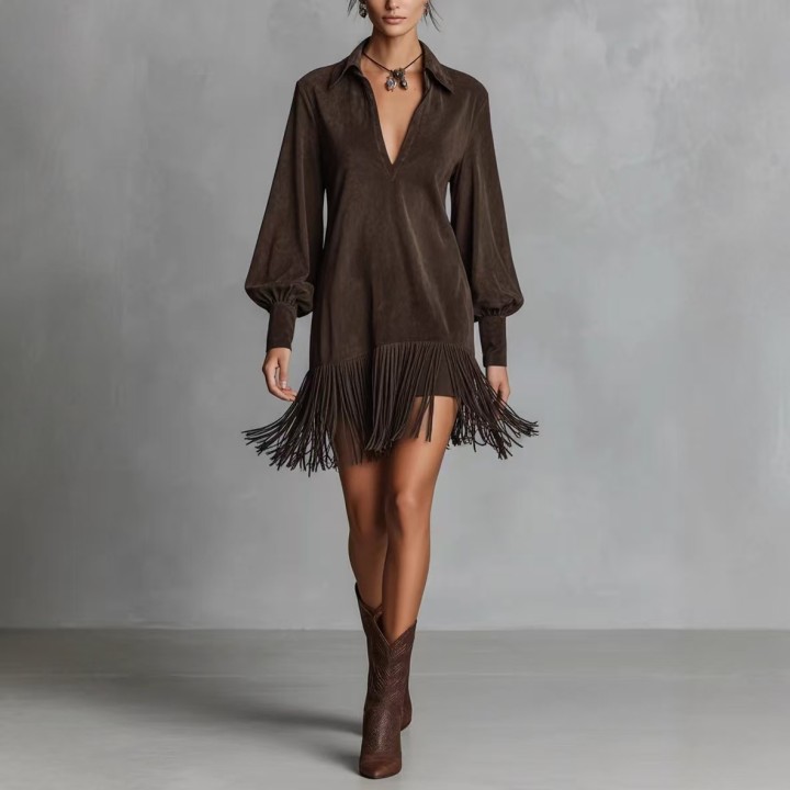 Fashion Retro Suede Tassel Mini Dress Lapel V Neck Long Sleeve Fringe Hem Dress Lante