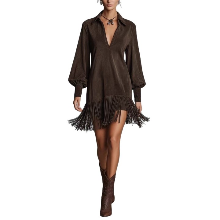 Fashion Retro Suede Tassel Mini Dress Lapel V Neck Long Sleeve Fringe Hem Dress Lante