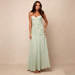  Green Lace Sleevelss Maxi Dress Women Elegant Floral Lace Bodice Pleated Chiffon Lon