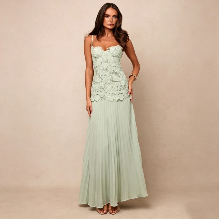  Green Lace Sleevelss Maxi Dress Women Elegant Floral Lace Bodice Pleated Chiffon Lon