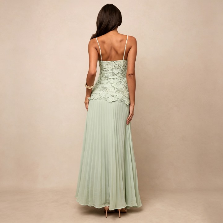  Green Lace Sleevelss Maxi Dress Women Elegant Floral Lace Bodice Pleated Chiffon Lon