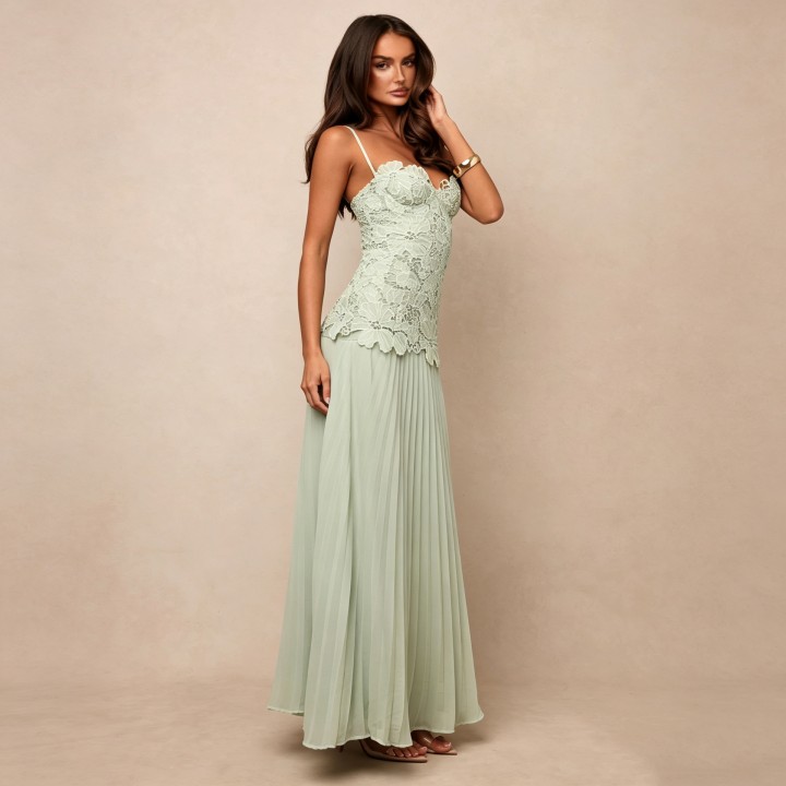  Green Lace Sleevelss Maxi Dress Women Elegant Floral Lace Bodice Pleated Chiffon Lon