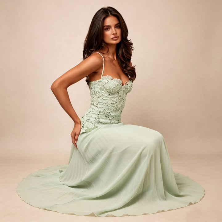  Green Lace Sleevelss Maxi Dress Women Elegant Floral Lace Bodice Pleated Chiffon Lon