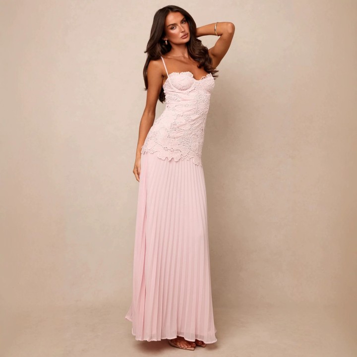  Green Lace Sleevelss Maxi Dress Women Elegant Floral Lace Bodice Pleated Chiffon Lon