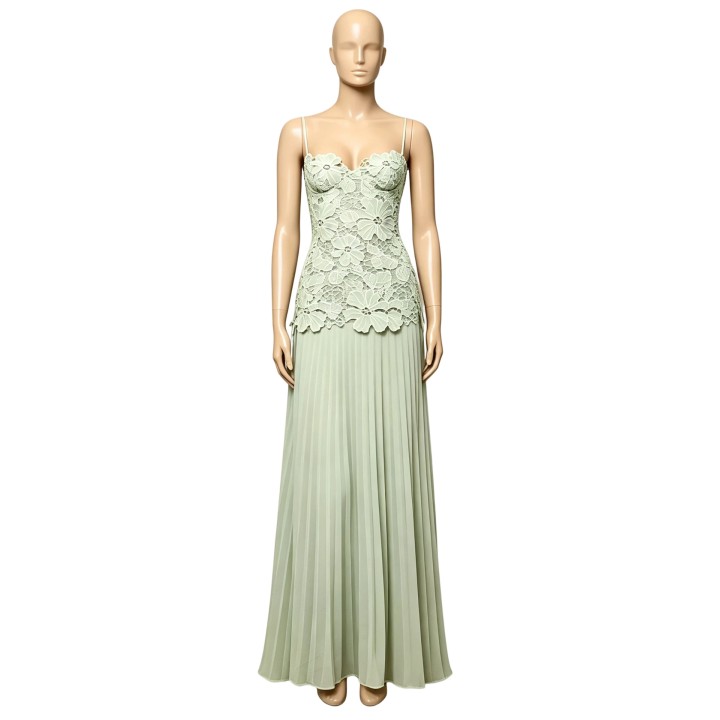  Green Lace Sleevelss Maxi Dress Women Elegant Floral Lace Bodice Pleated Chiffon Lon