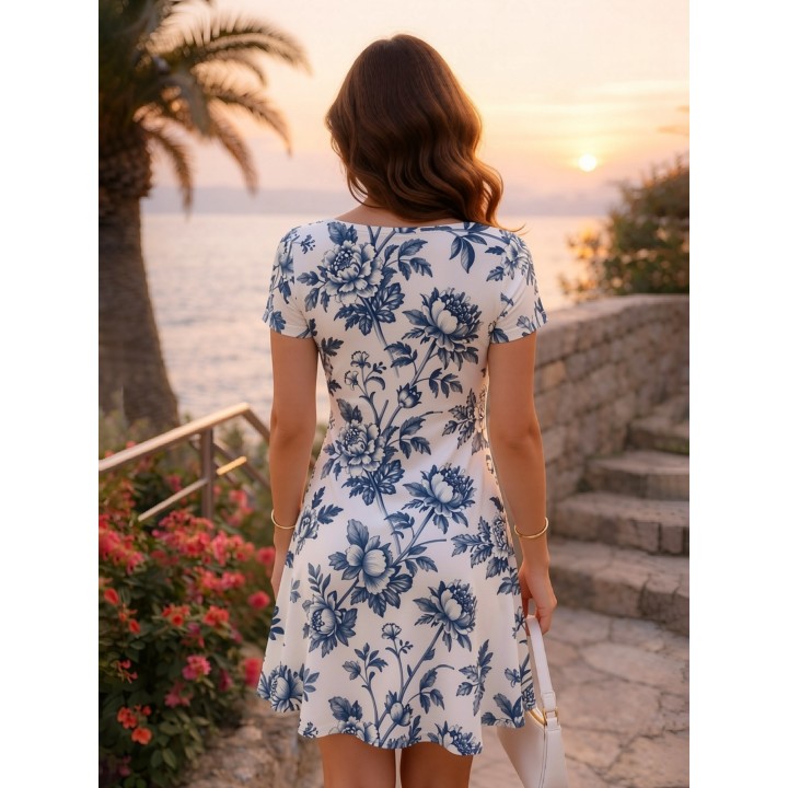 Womens V Neck Short Sleeve Travel Mini Dress Lightweight Fit Flare Skater Dress For H