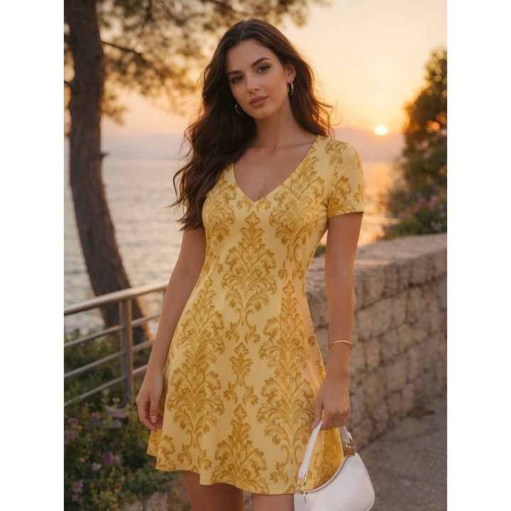 Womens V Neck Short Sleeve Travel Mini Dress Lightweight Fit Flare Skater Dress For H