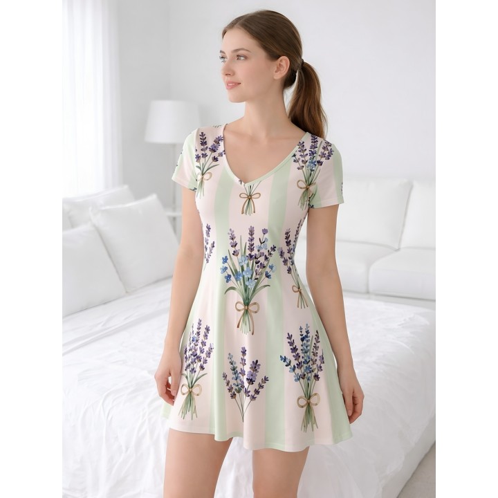 Womens V Neck Short Sleeve Travel Mini Dress Lightweight Fit Flare Skater Dress For H