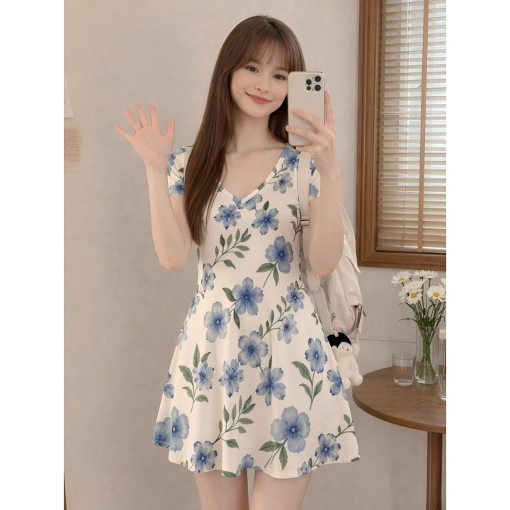 Womens V Neck Short Sleeve Travel Mini Dress Lightweight Fit Flare Skater Dress For H